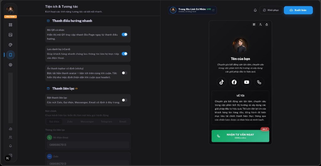 Ảnh minh họa: Cấu hình tiện ích và tương tác